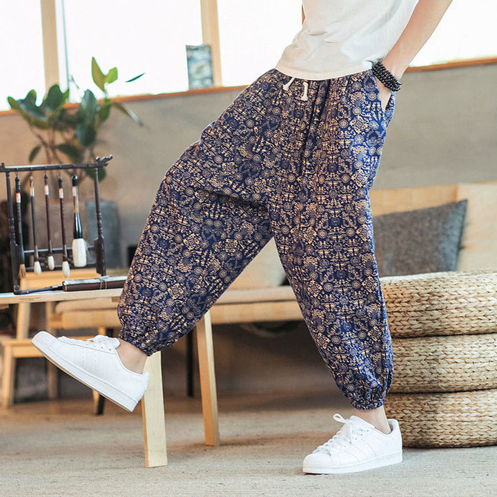Pantalon sarouel pour homme en coton et lin avec cordon de serrage et poches, motif mandala doré et Buddha Stones - image 3