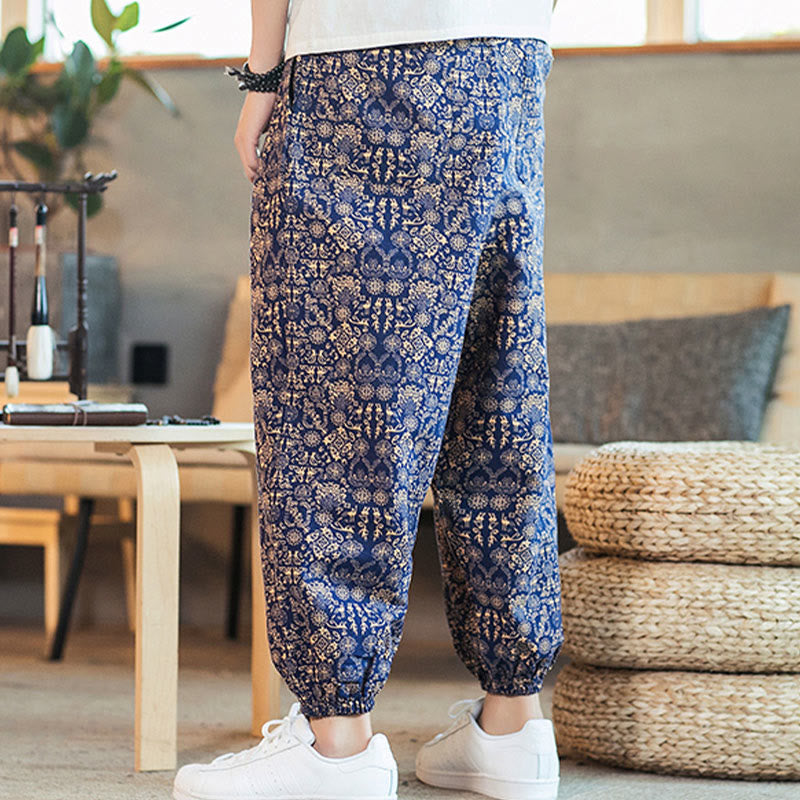 Pantalon sarouel pour homme en coton et lin avec cordon de serrage et poches, motif mandala doré et Buddha Stones - image 4