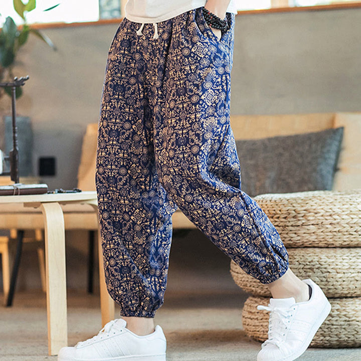 Pantalon sarouel pour homme en coton et lin avec cordon de serrage et poches, motif mandala doré et Buddha Stones - Bleu foncé - US/UK/AU46，EU56 (5XL) - image 0