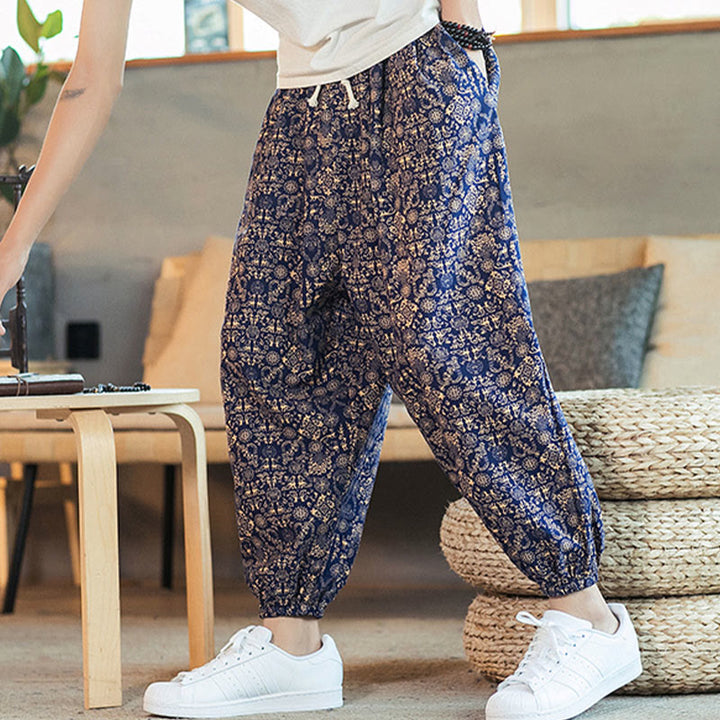 Pantalon sarouel pour homme en coton et lin avec cordon de serrage et poches, motif mandala doré et Buddha Stones - image 2