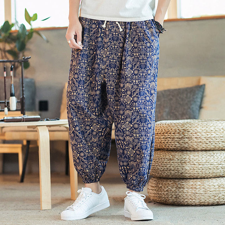 Pantalon sarouel pour homme en coton et lin avec cordon de serrage et poches, motif mandala doré et Buddha Stones - image 6