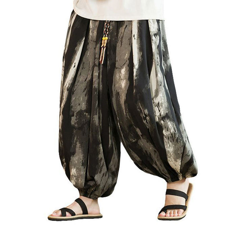 Pantalon sarouel pour homme en coton et lin tressé avec cordon de serrage et poches, dégradé d'encre noire et blanche , Buddha Stones - image 7