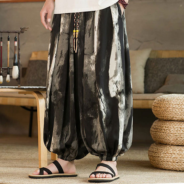 Pantalon sarouel pour homme en coton et lin tressé avec cordon de serrage et poches, dégradé d'encre noire et blanche , Buddha Stones - image 3