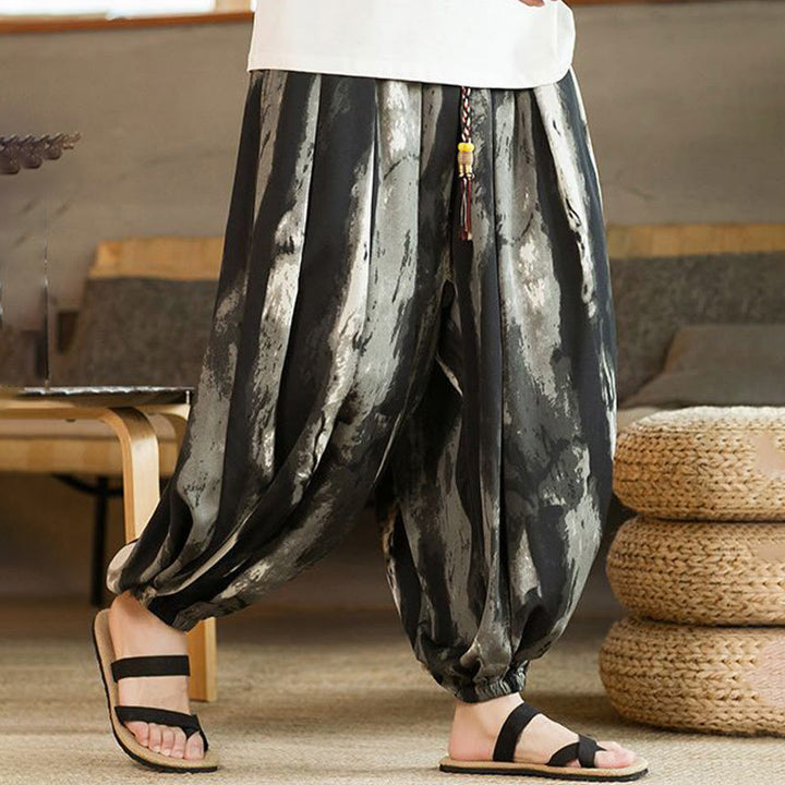 Pantalon sarouel pour homme en coton et lin tressé avec cordon de serrage et poches, dégradé d'encre noire et blanche , Buddha Stones - image 5