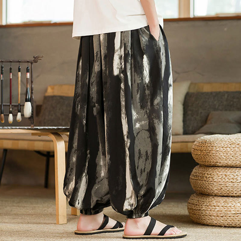 Pantalon sarouel pour homme en coton et lin tressé avec cordon de serrage et poches, dégradé d'encre noire et blanche , Buddha Stones - image 4