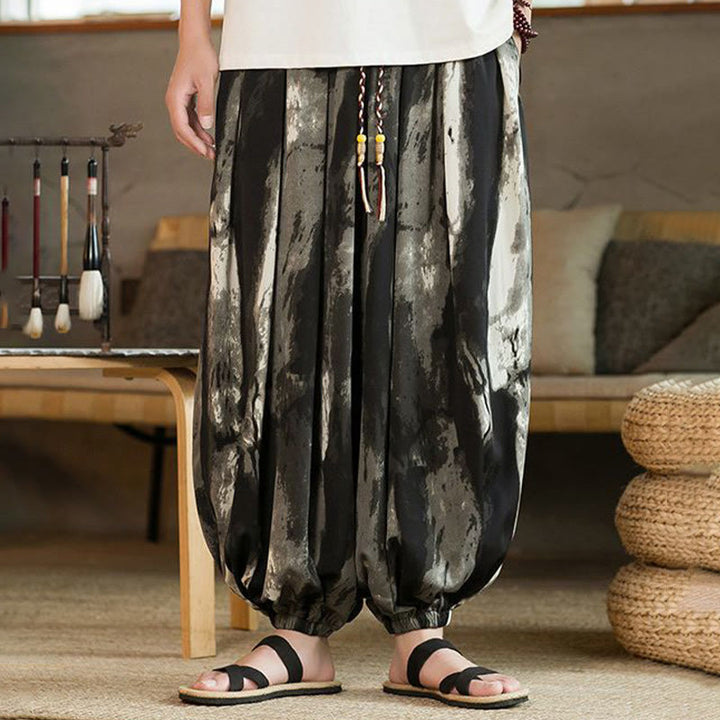 Pantalon sarouel pour homme en coton et lin tressé avec cordon de serrage et poches, dégradé d'encre noire et blanche , Buddha Stones - image 2