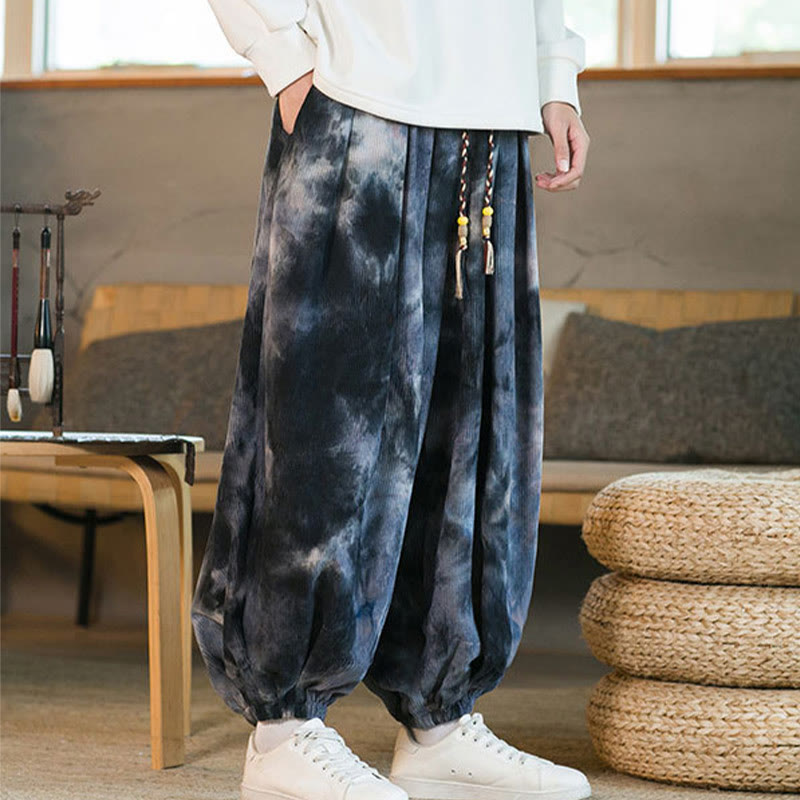 Pantalon sarouel pour homme en velours côtelé avec cordon de serrage et poches, motif Buddha Stones Ink Tie-dye
