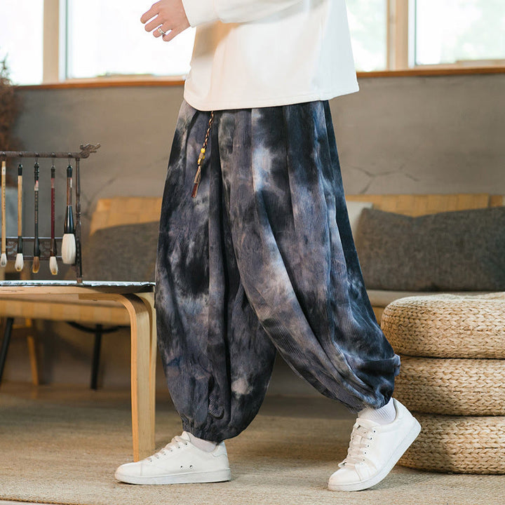 Pantalon sarouel pour homme en velours côtelé avec cordon de serrage et poches, motif Buddha Stones Ink Tie-dye