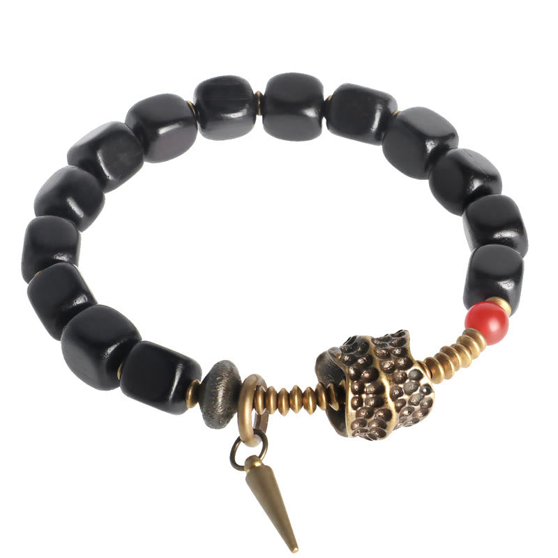 Bracelet de paix en Buddha Stones, bois d'ébène, cuivre, laiton, agate rouge