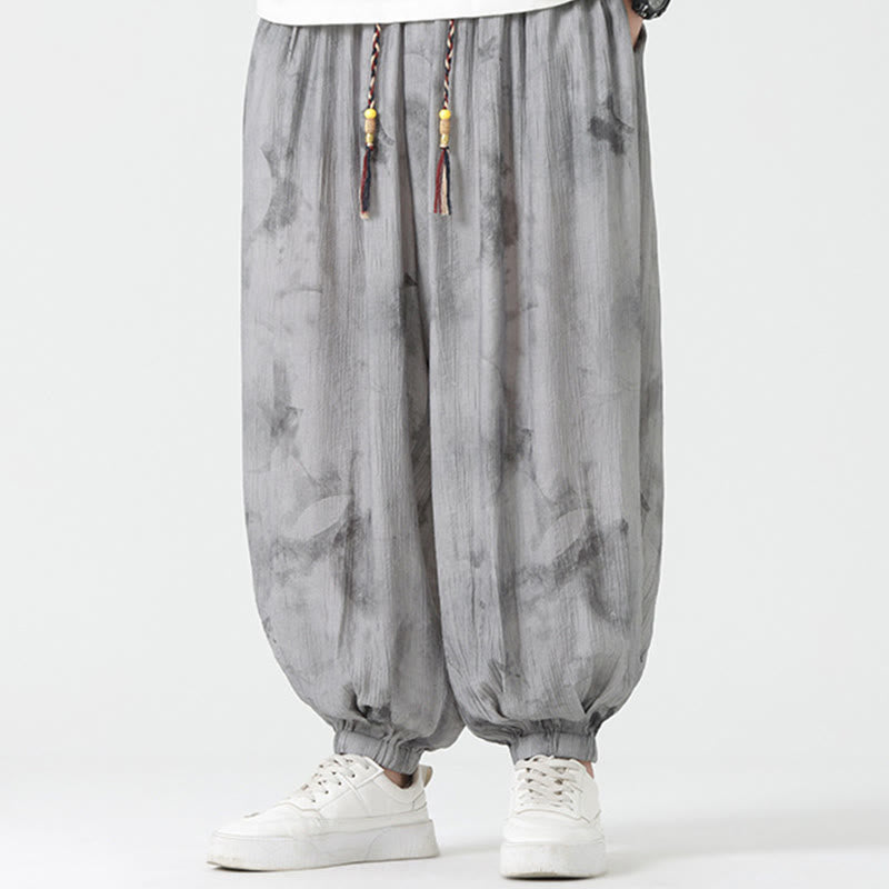 Pantalon en lin tressé avec cordon de serrage et poches pour homme Motif Buddha Stones Flower Sketch - Gris foncé - US/UK/AU46，EU56 (5XL)  - image 0