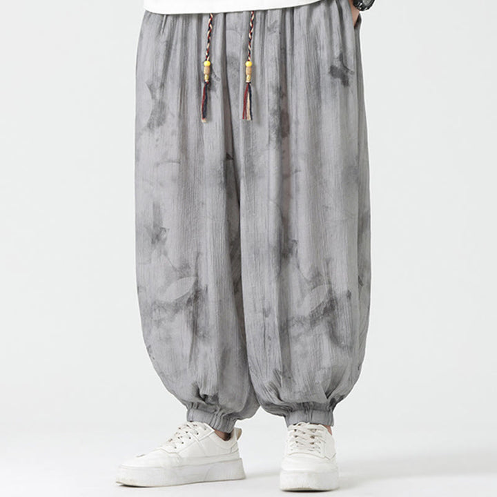 Pantalon en lin tressé avec cordon de serrage et poches pour homme Motif Buddha Stones Flower Sketch - Gris foncé - US/UK/AU46，EU56 (5XL)  - image 0