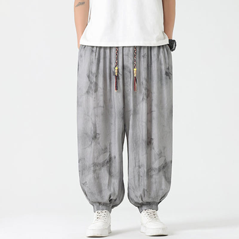 Pantalon en lin tressé avec cordon de serrage et poches pour homme Motif Buddha Stones Flower Sketch - image 1