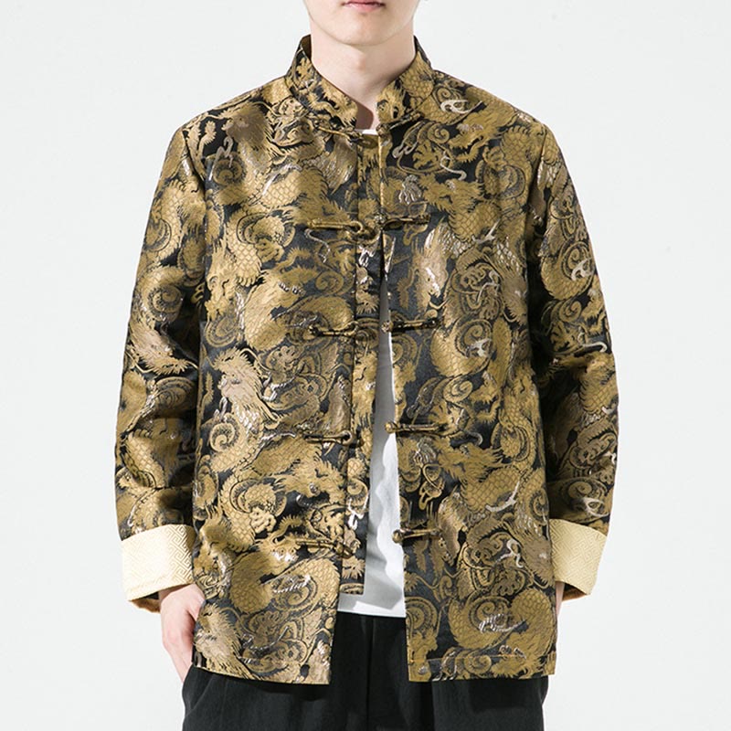 Veste en coton pour homme avec boutons de grenouille et dragon chinois et Buddha Stones