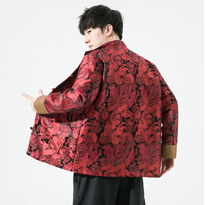 Veste en coton pour homme avec boutons de grenouille et dragon chinois et Buddha Stones