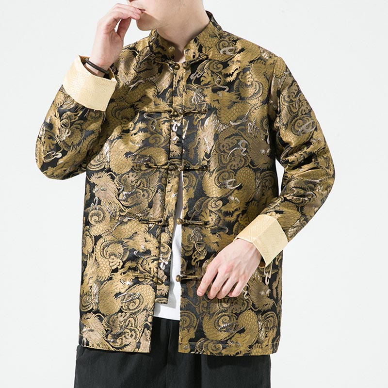 Veste en coton pour homme avec boutons de grenouille et dragon chinois et Buddha Stones