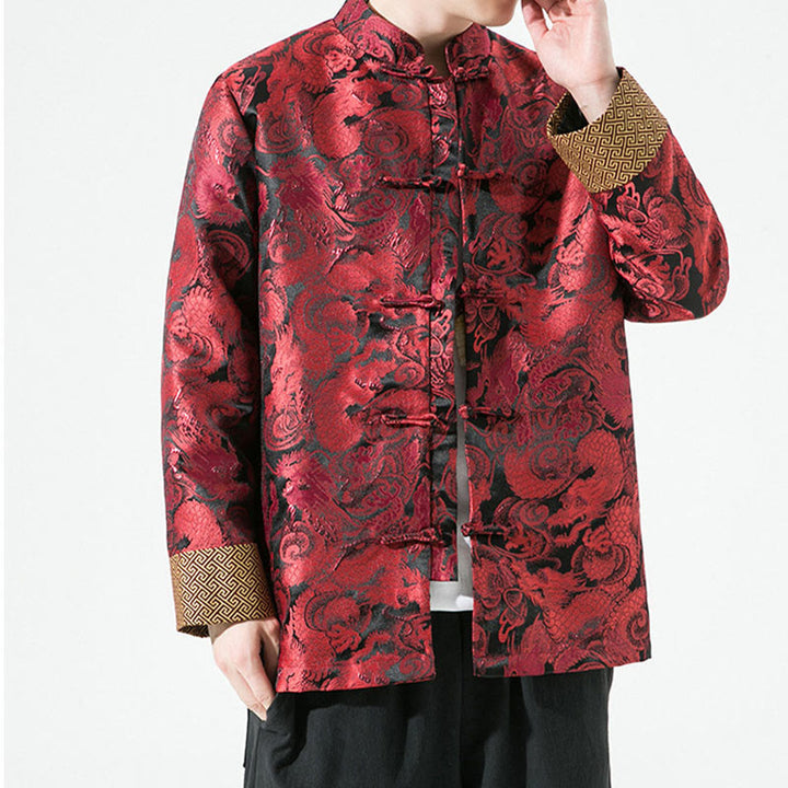 Veste en coton pour homme avec boutons de grenouille et dragon chinois et Buddha Stones
