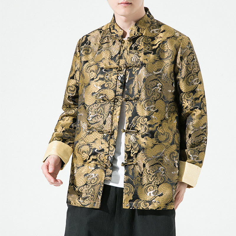 Veste en coton pour homme avec boutons de grenouille et dragon chinois et Buddha Stones  - Or - US/UK/AU46，EU56 (5XL) - image 0