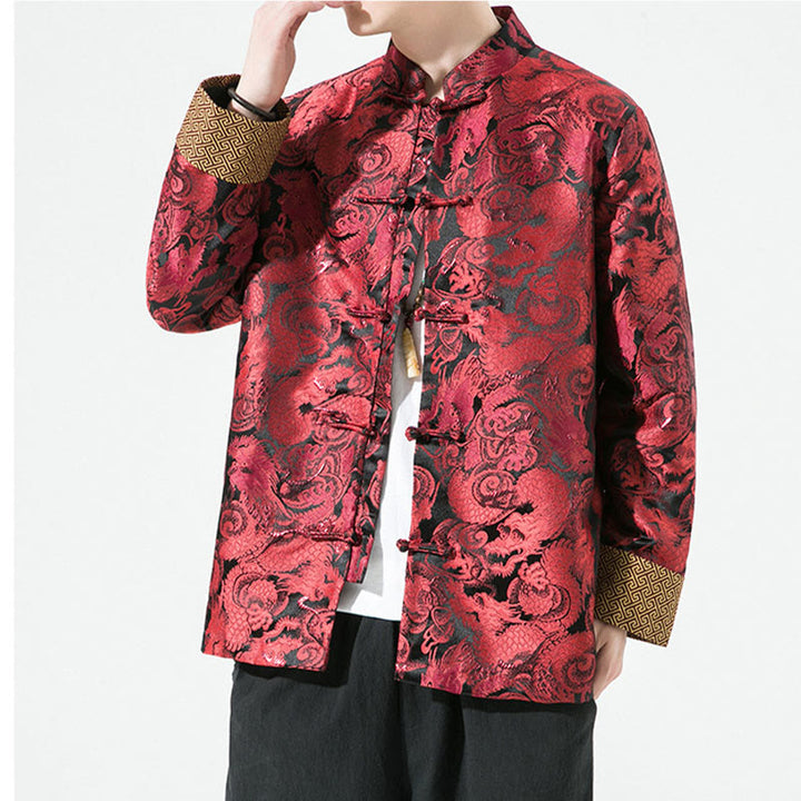 Veste en coton pour homme avec boutons de grenouille et dragon chinois et Buddha Stones