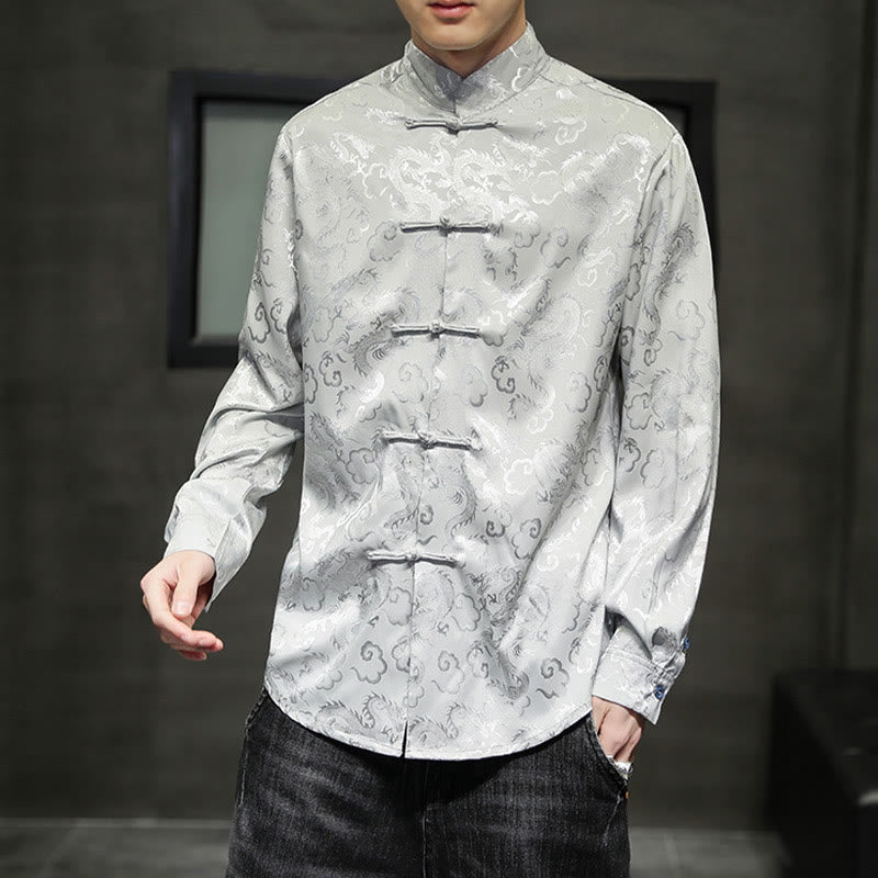 Veste et chemise décontractées en lin pour homme avec motif de dragon et boutons de grenouille