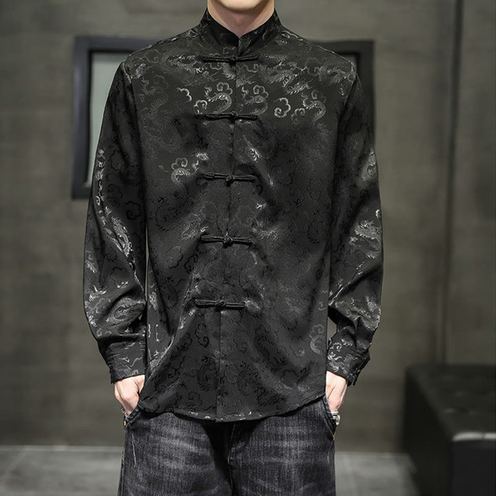 Veste et chemise décontractées en lin pour homme avec motif de dragon et boutons de grenouille