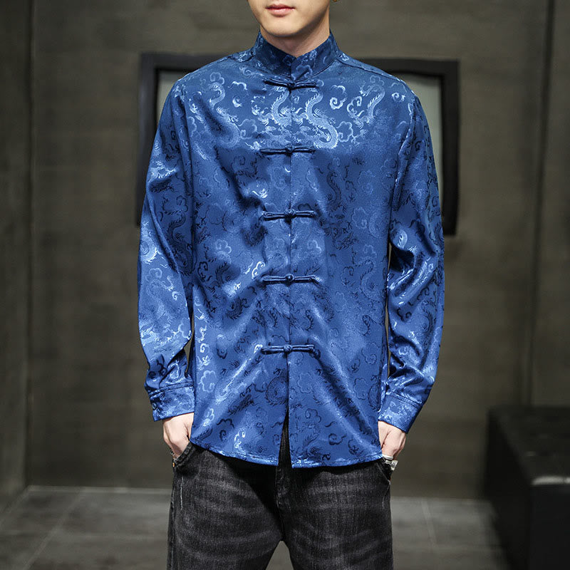 Veste et chemise décontractées en lin pour homme avec motif de dragon et boutons de grenouille