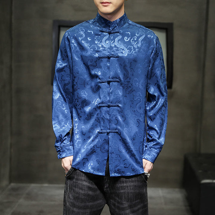 Veste et chemise décontractées en lin pour homme avec motif de dragon et boutons de grenouille