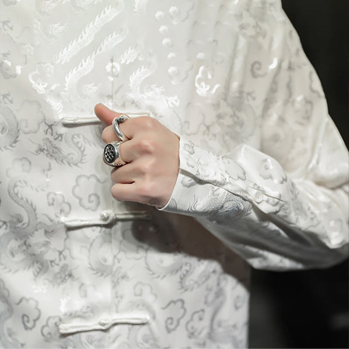 Veste et chemise décontractées en lin pour homme avec motif de dragon et boutons de grenouille