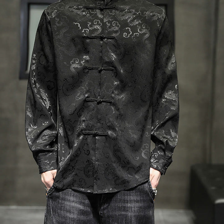 Veste et chemise décontractées en lin pour homme avec motif de dragon et boutons de grenouille