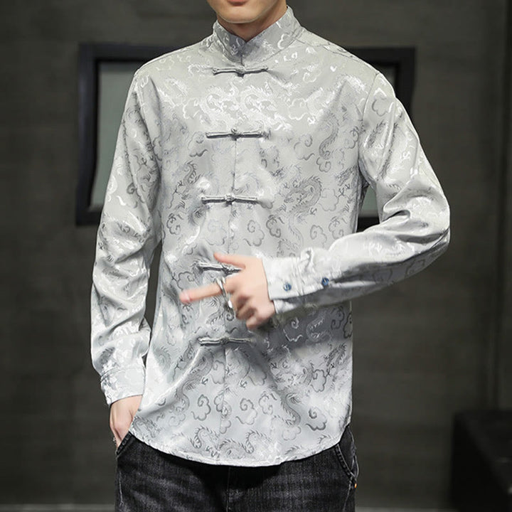Veste et chemise décontractées en lin pour homme avec motif de dragon et boutons de grenouille