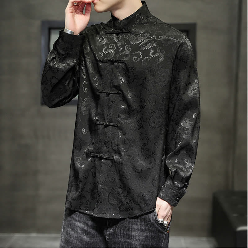 Veste et chemise décontractées en lin pour homme avec motif de dragon et boutons de grenouille