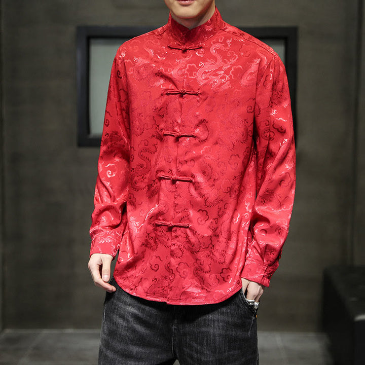 Veste et chemise décontractées en lin pour homme avec motif de dragon et boutons de grenouille