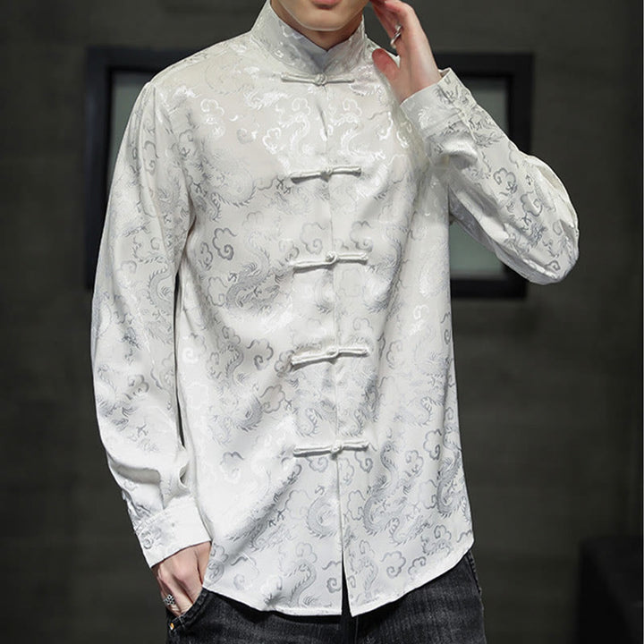 Veste et chemise décontractées en lin pour homme avec motif de dragon et boutons de grenouille
