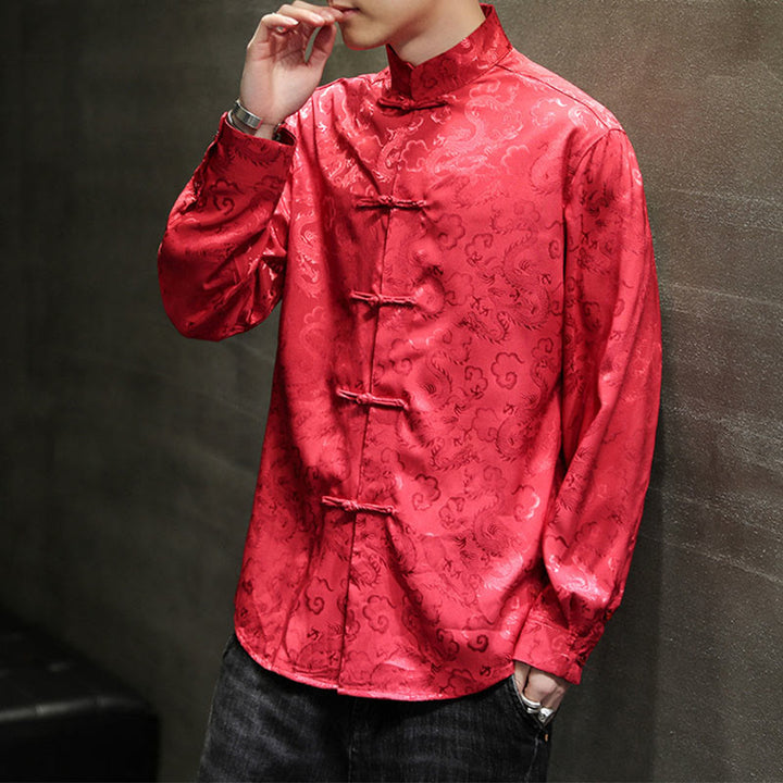 Veste et chemise décontractées en lin pour homme avec motif de dragon et boutons de grenouille