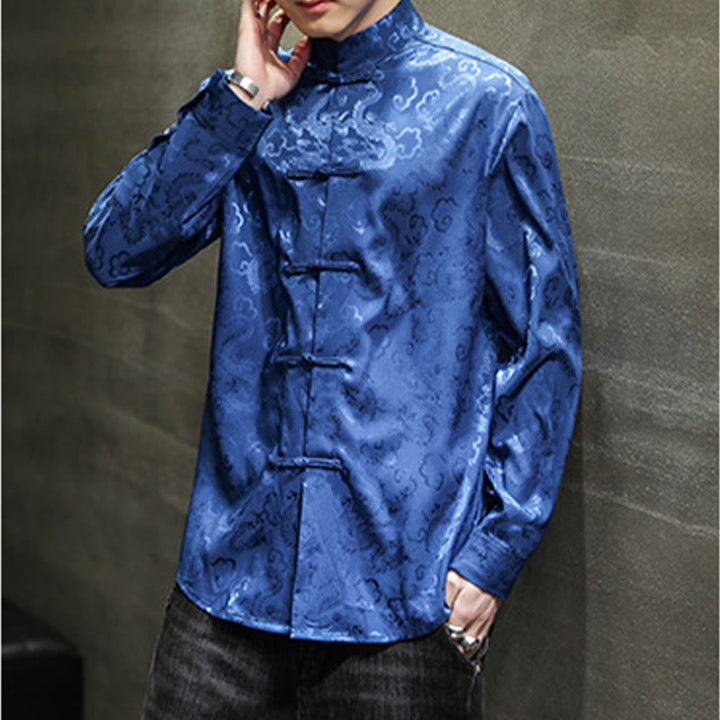 Veste et chemise décontractées en lin pour homme avec motif de dragon et boutons de grenouille