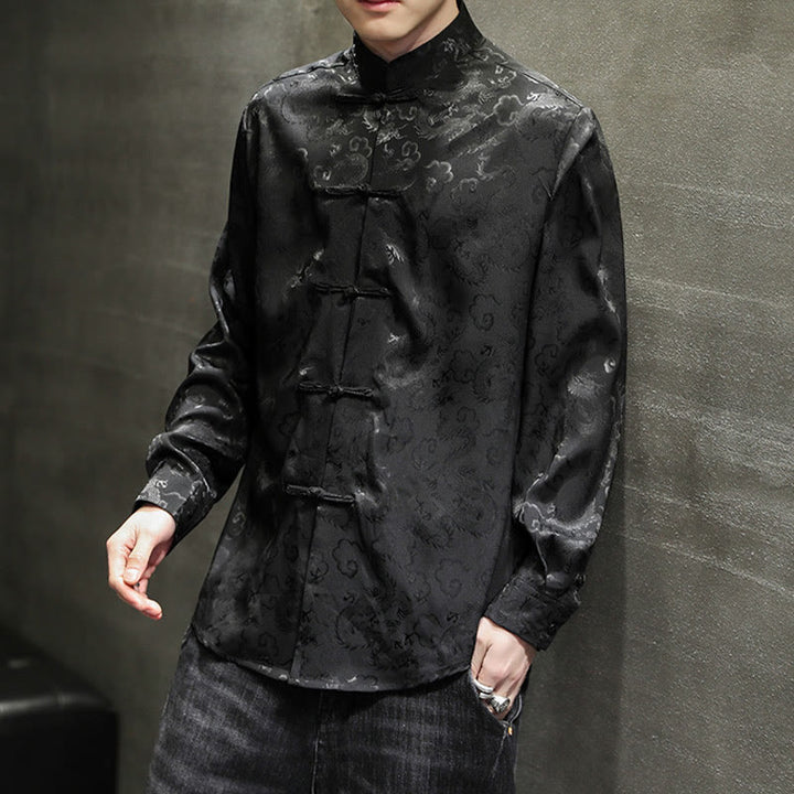 Veste et chemise décontractées en lin pour homme avec motif de dragon et boutons de grenouille