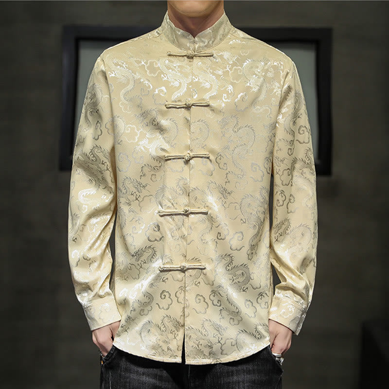 Veste et chemise décontractées en lin pour homme avec motif de dragon et boutons de grenouille