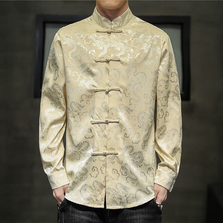 Veste et chemise décontractées en lin pour homme avec motif de dragon et boutons de grenouille
