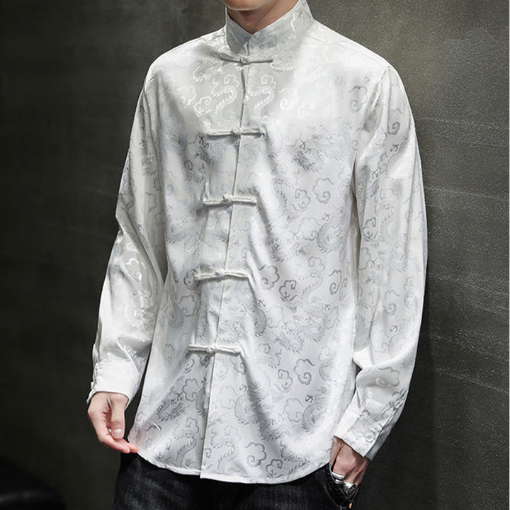 Veste et chemise décontractées en lin pour homme avec motif de dragon et boutons de grenouille