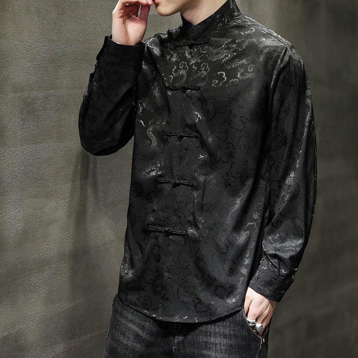 Veste et chemise décontractées en lin pour homme avec motif de dragon et boutons de grenouille