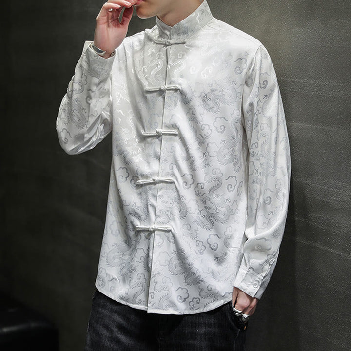 Veste et chemise décontractées en lin pour homme avec motif de dragon et boutons de grenouille