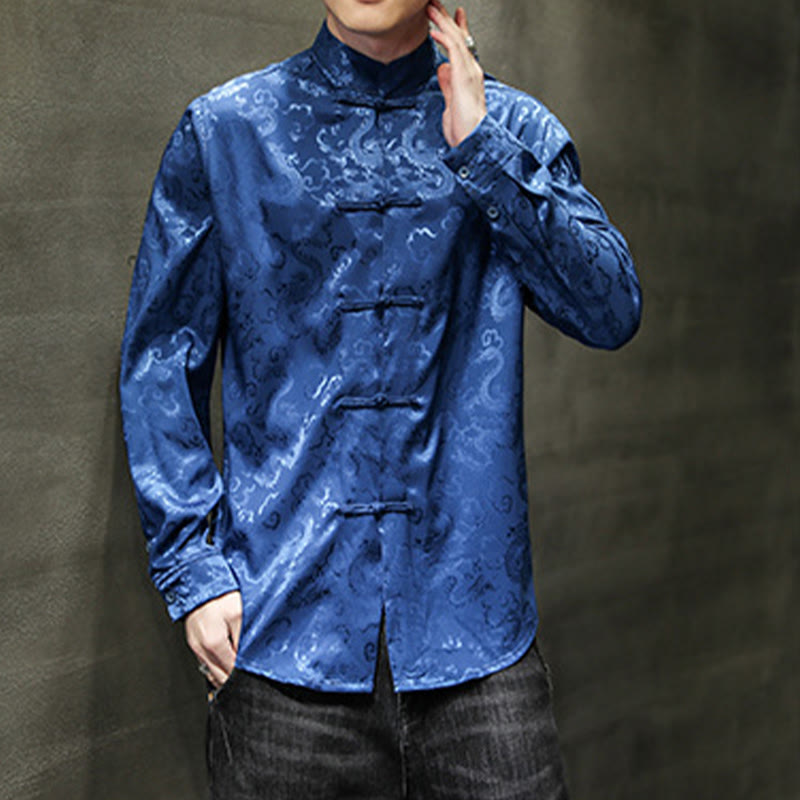 Veste et chemise décontractées en lin pour homme avec motif de dragon et boutons de grenouille
