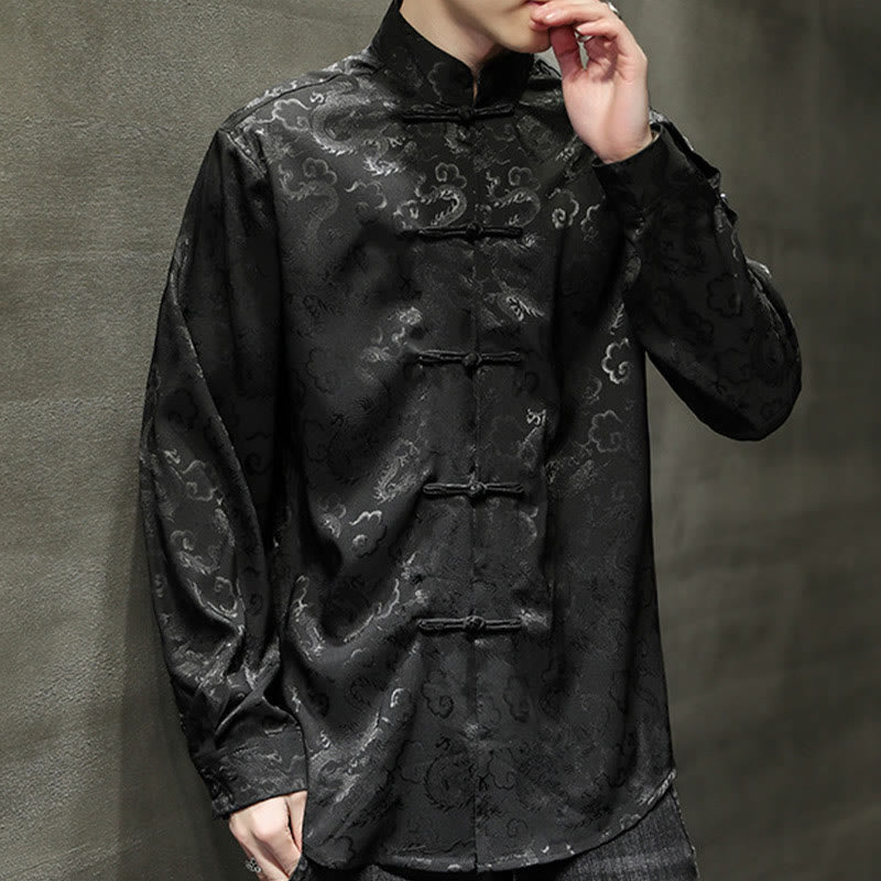 Veste et chemise décontractées en lin pour homme avec motif de dragon et boutons de grenouille