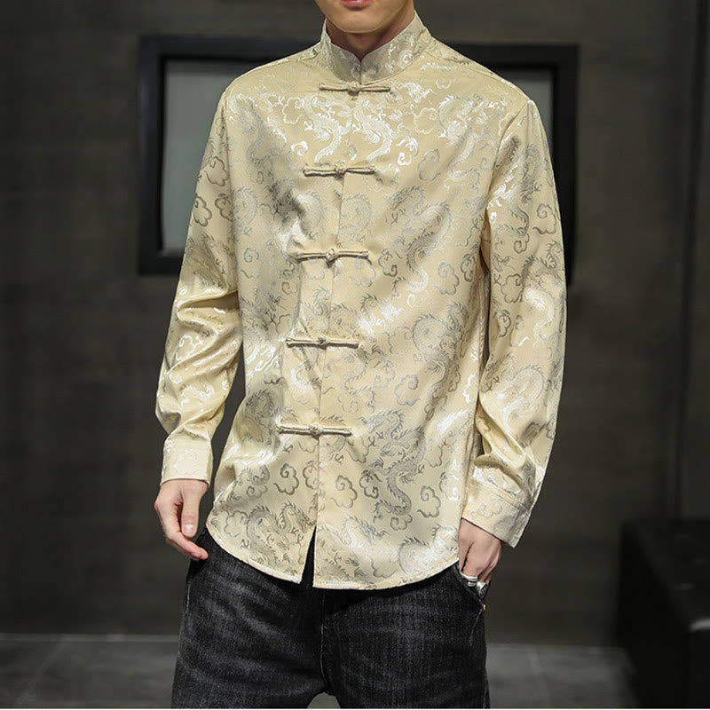 Veste et chemise décontractées en lin pour homme avec motif de dragon et boutons de grenouille