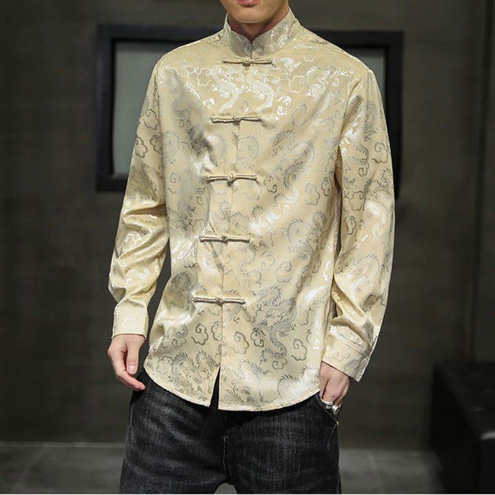 Veste et chemise décontractées en lin pour homme avec motif de dragon et boutons de grenouille