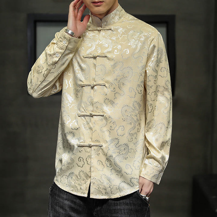 Veste et chemise décontractées en lin pour homme avec motif de dragon et boutons de grenouille