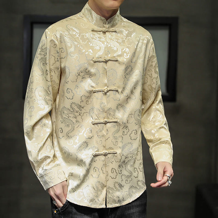 Veste et chemise décontractées en lin pour homme avec motif de dragon et boutons de grenouille