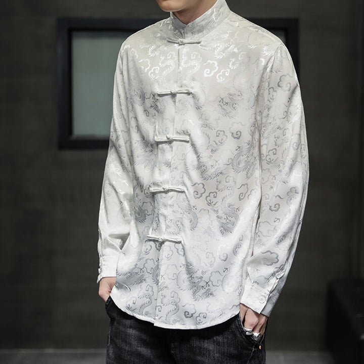 Veste et chemise décontractées en lin pour homme avec motif de dragon et boutons de grenouille