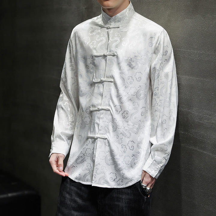 Veste et chemise décontractées en lin pour homme avec motif de dragon et boutons de grenouille