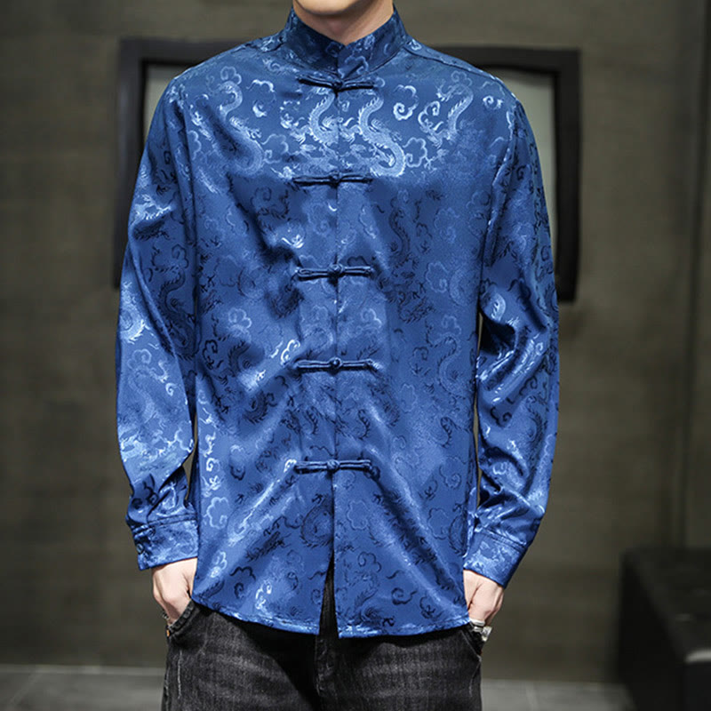 Veste et chemise décontractées en lin pour homme avec motif de dragon et boutons de grenouille - Bleu - US/UK/AU46，EU56 (5XL) - image 0