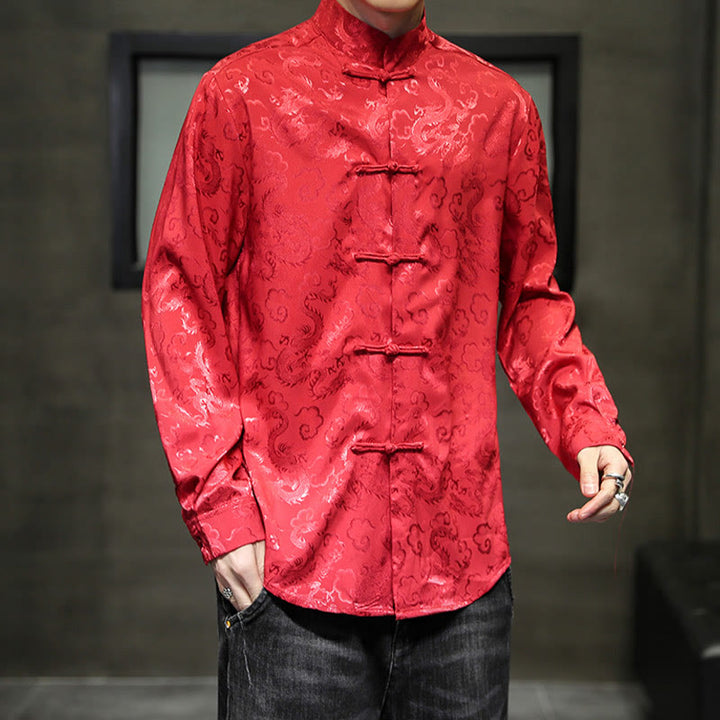 Veste et chemise décontractées en lin pour homme avec motif de dragon et boutons de grenouille